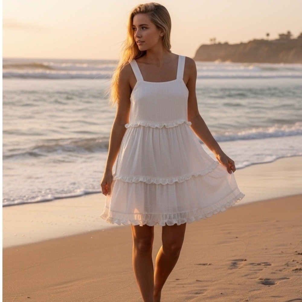 Black Tape Linen Ruffle Tiered Dress Womens M Ivory Milkmaid Lagenlook Coastal